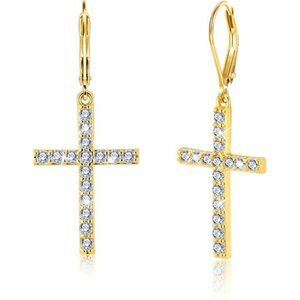 925 Sterling Silver Cross Dangle Earrings for Women 14K Gold Plated Dainty